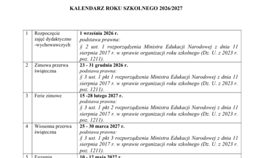 Zdjęcie do KALENDARZ ROKU SZKOLNEGO 2026/2027